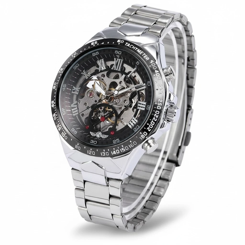 WINNER Fashion Round Skeleton Dial Stainless Steel Band Men's Automatic Mechanical Wrist Watch (Black)