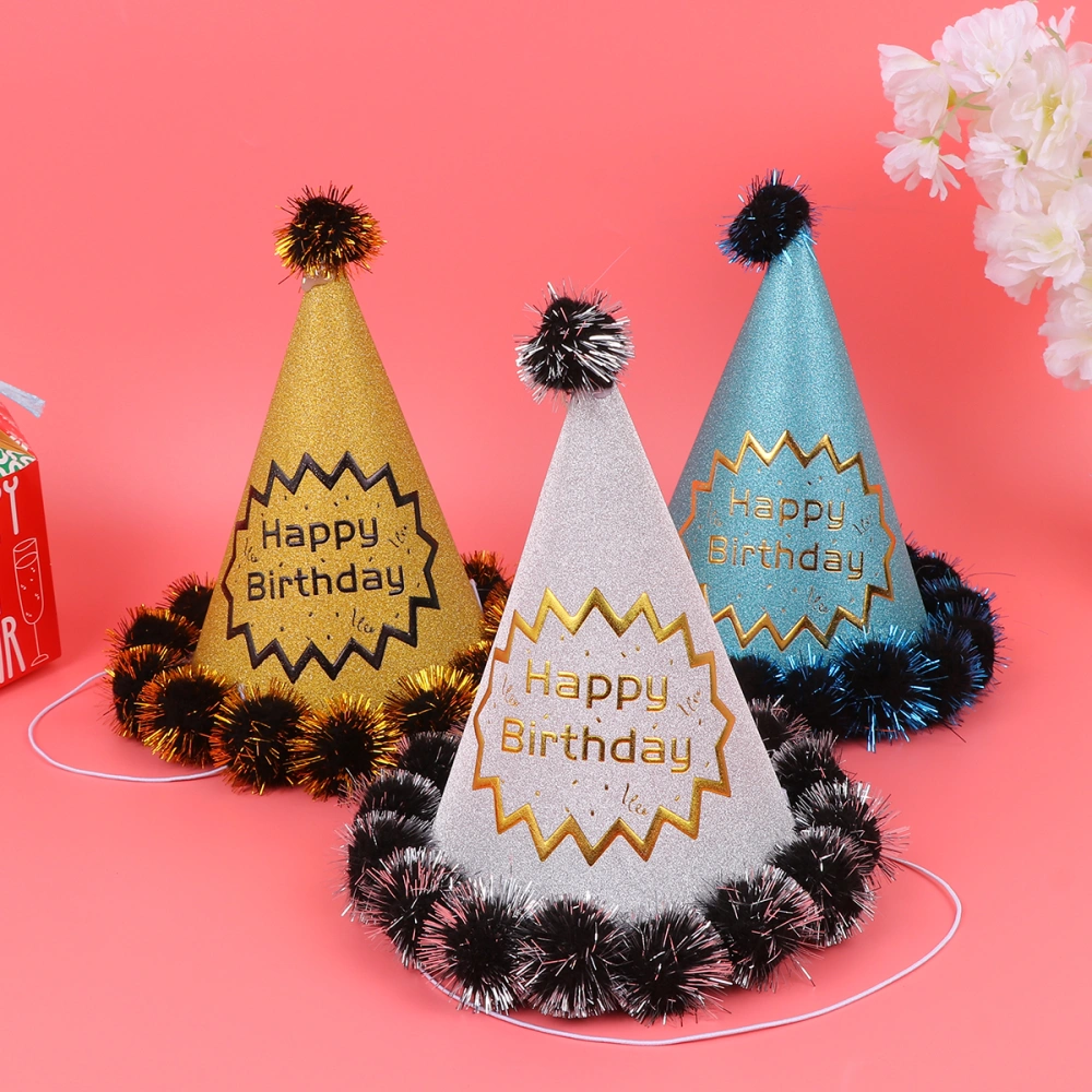 4PCS Shiny Pompon Kids Birthday Hat Glitter Cone Party Photograph Props for Children Decorations (Golden/Silver/Red/Blue)