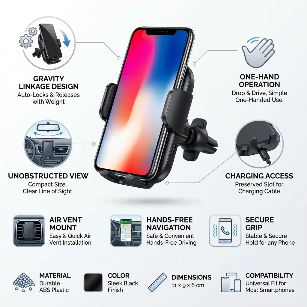 Universal Automobile Outlet Phone Holder Air Vent Gravity Bracket Windshield Gravity Sucker Car Phone Holder Support Mobile Phone Stand for Mobile Phone GPS Navigator Rack(Black)