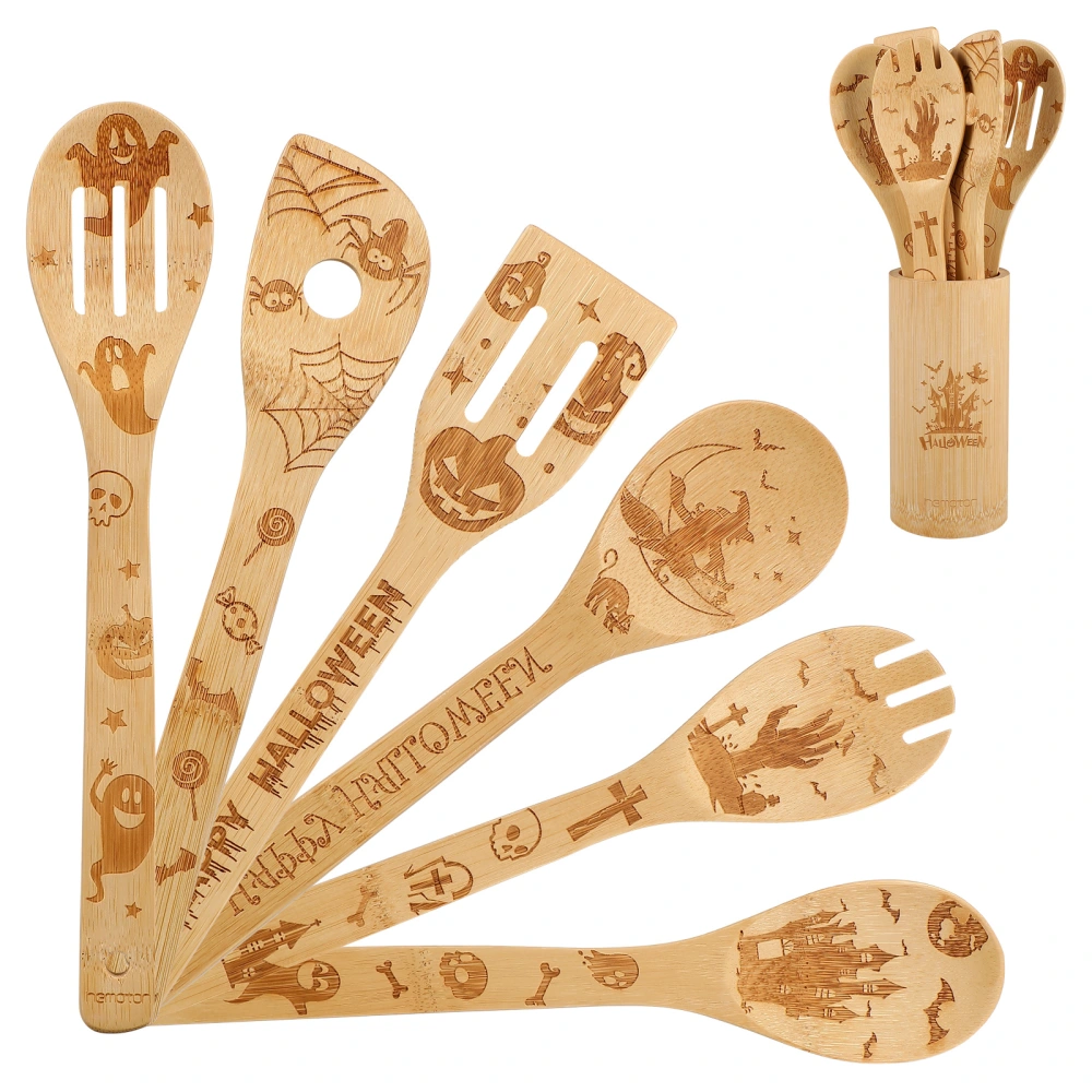 Hemoton 6pcs Halloween Bamboo Serving Utensil Set Halloween Kitchen Supplies Halloween Decoration Gift