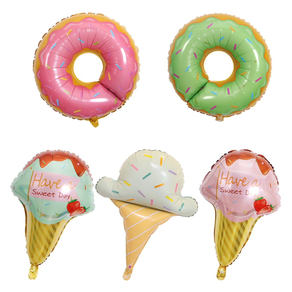5pcs Aluminum Foil Balloons Summer Theme Donuts Ice Cream Balloons Party Layout Supply Decoration Set (Pink Donuts, Green Donuts, Colorful Donuts, Strawberry Ice Cream and Matcha Ice Cream, 1pc for Each Pattern)