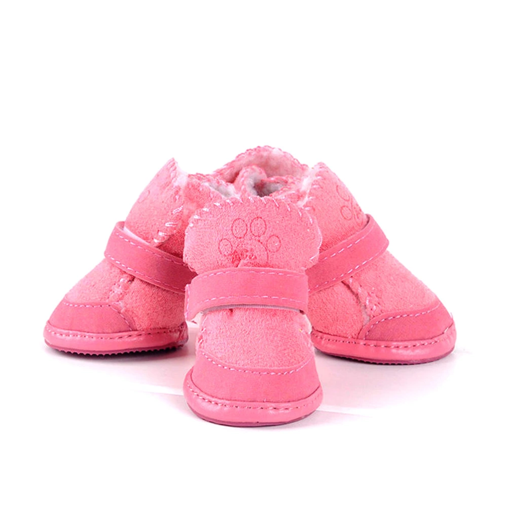 A Set of 4pcs Winter Pet Dog Puppy Casual Anti-Slip Fleece Warm Snow Boots Cotton Shoes - Size M (Pink)