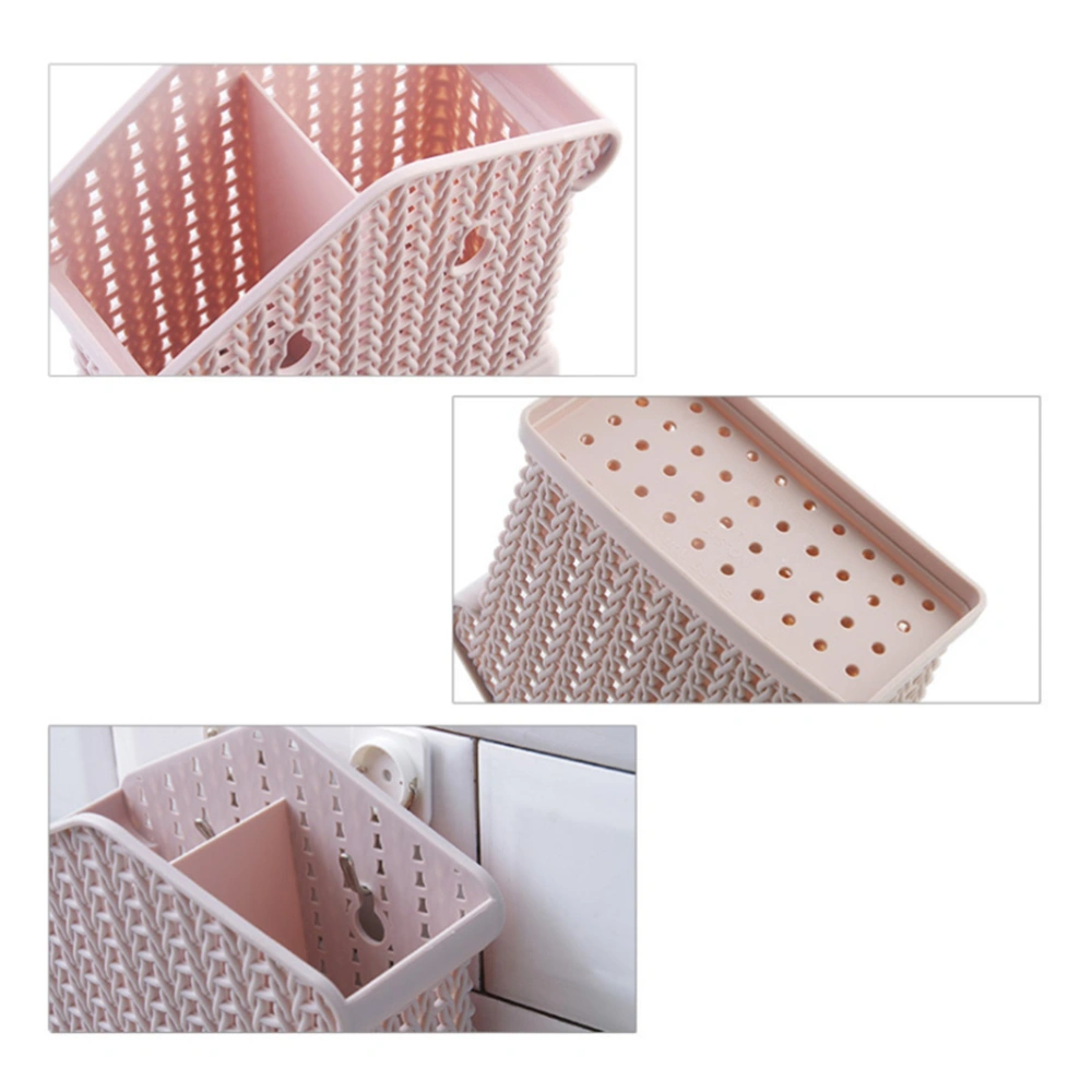 1Pc Retro Imitated Rattan Chopsticks Cage Three Lattices Wall-mounted Drain Chopsticks Holder Tableware Storage Holder Pink