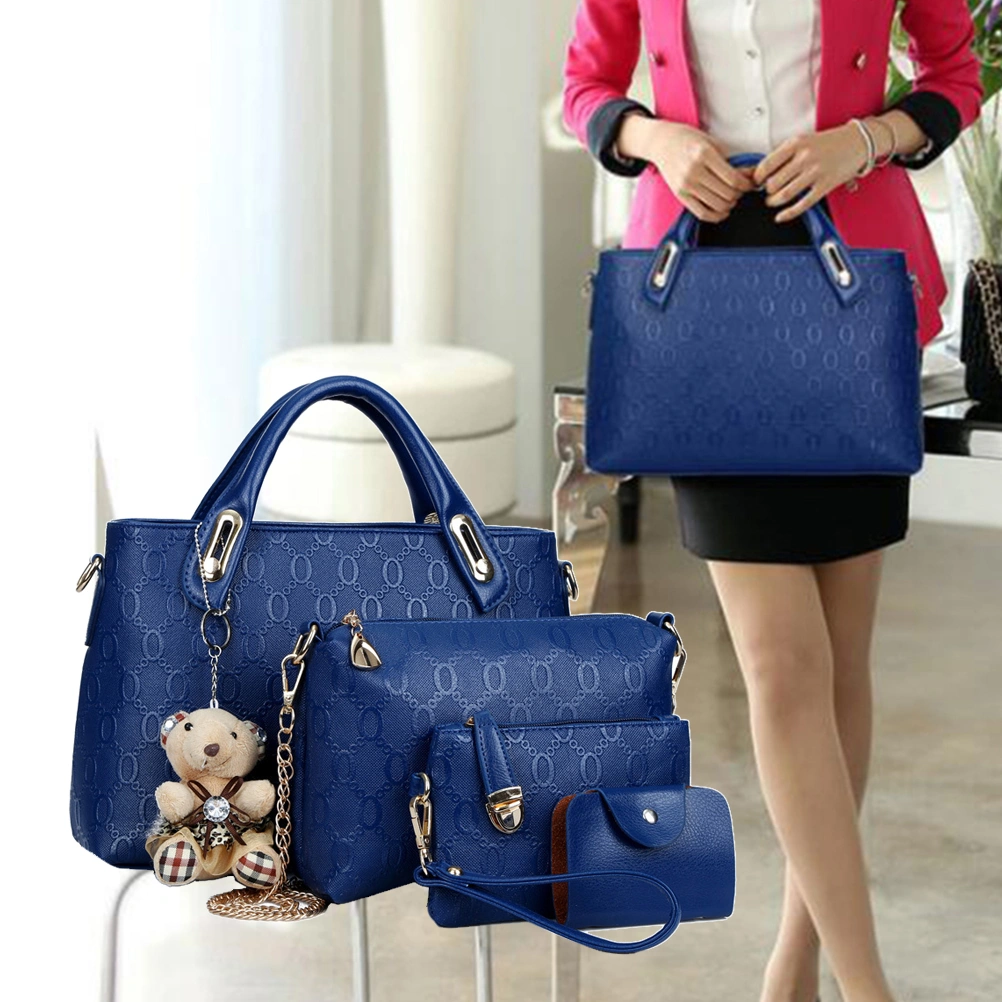 4Pcs Women Bags Set Luxury Elegant Bear Hanging Charms PU Handbag Shoulder Bag Tote Purse Messenger Bags (Blue)