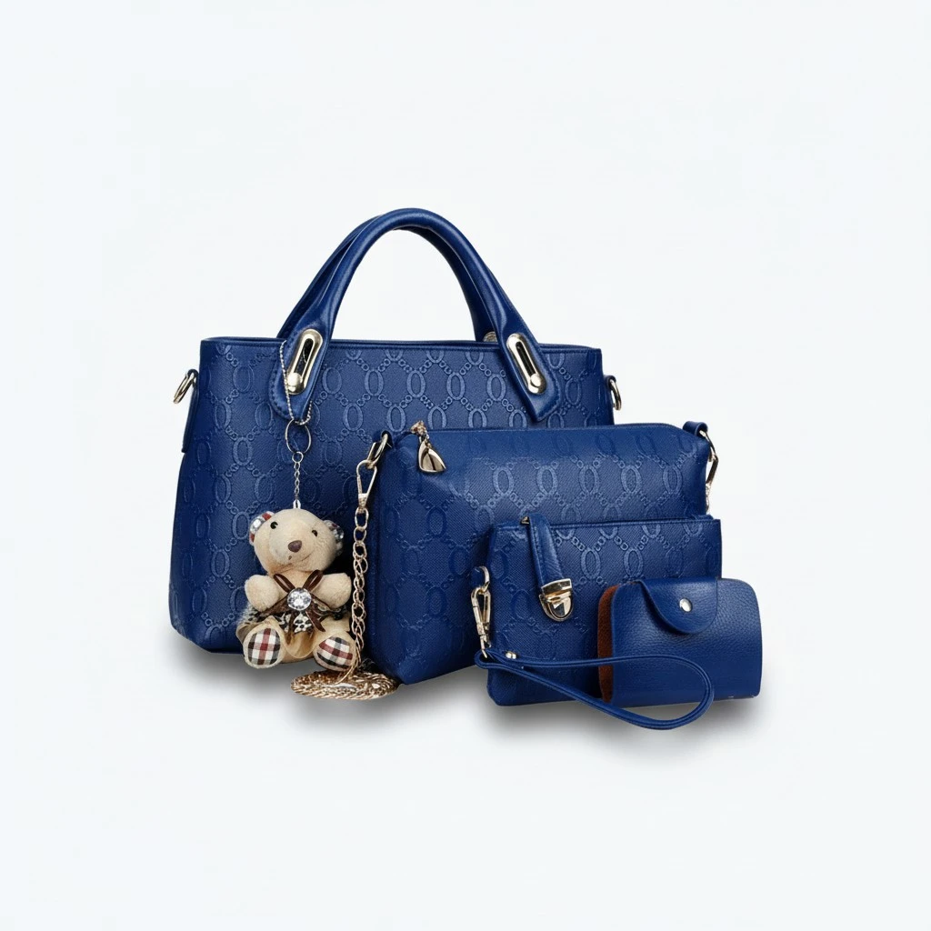 4Pcs Women Bags Set Luxury Elegant Bear Hanging Charms PU Handbag Shoulder Bag Tote Purse Messenger Bags (Blue)