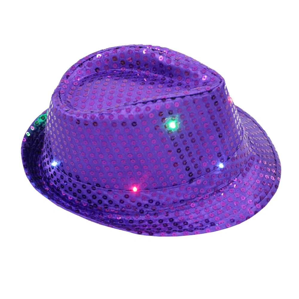 Unisex Flashing LED Hat Jazz Hats for Adult with Glitter Sequins for Party Costume (Purple)