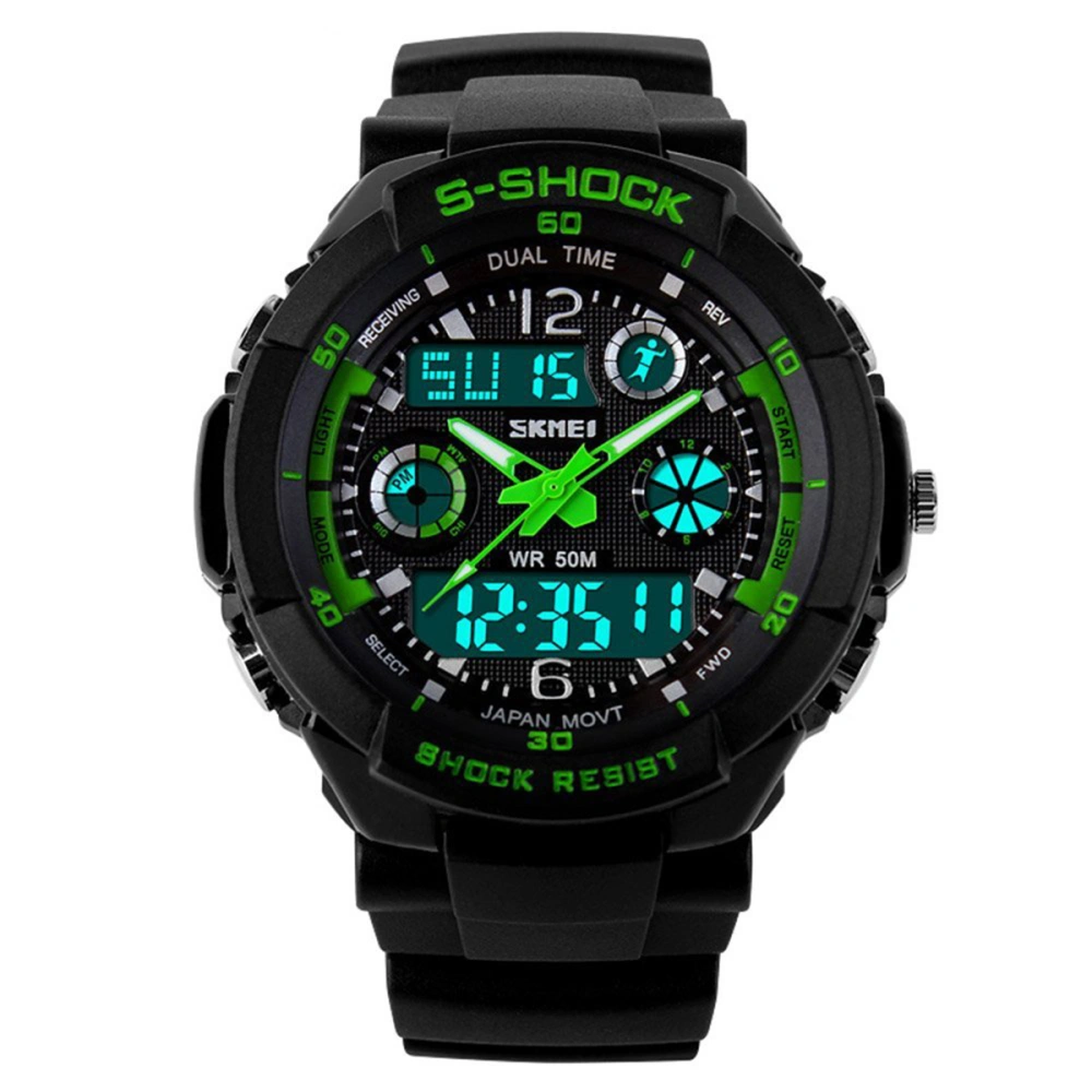 0931 Waterproof Unisex LED Digital Analog Dual Time Display Sports Wrist Watch with Date /Week /Alarm /Stopwatch /Backlight /Rubber Band (Green)