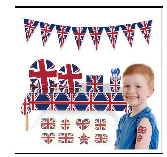 1 Set Disposable Tableware British Flag Paper Utensil Banner Tablecloth Kit