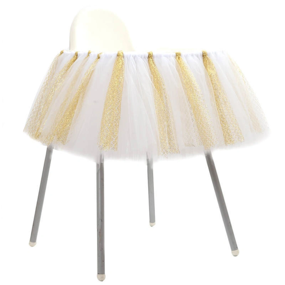 One-year-old Children's Table Skirt Glitter Chair Skirt Baby Birthday Party Supplies Baby Chair Decoration (White and Gold)