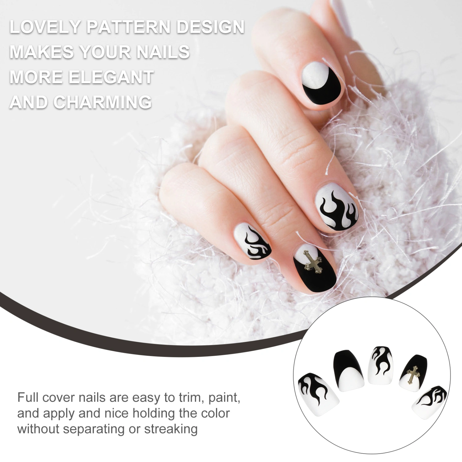2 Boxes/48pcs Ballet Style Fake Nail Black Flame Fake Nails French Fake Nails