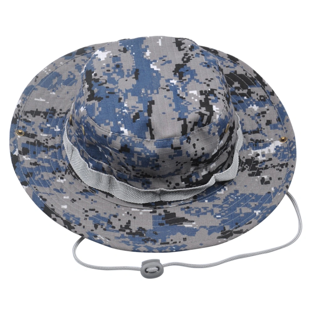 Outdoor Sunshade Fisherman Fishing Hat Sun Bucket Hat with String Wide Brim Hat for Men Women (Blue Camouflage )