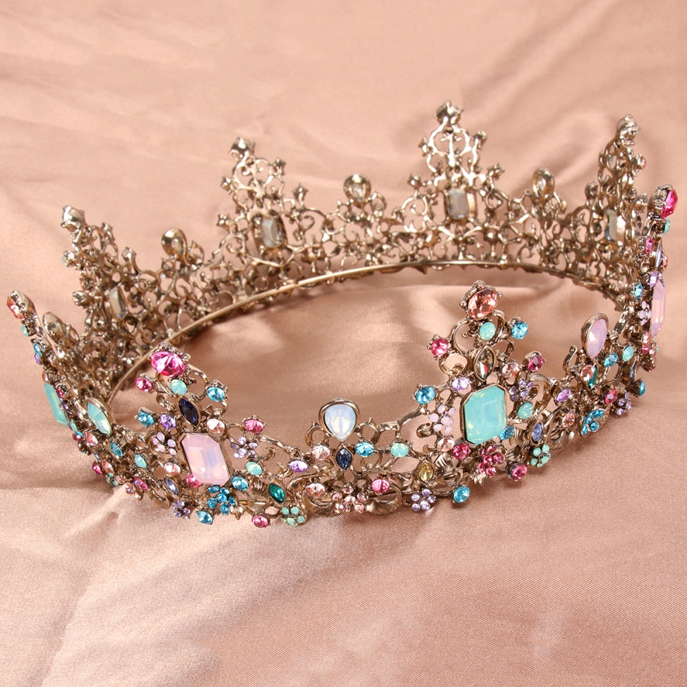 Large Round Retro Tiara Colorful Antique Brass Alloy Crown Headwear Hair Accessory for Wedding Birthday Banquet