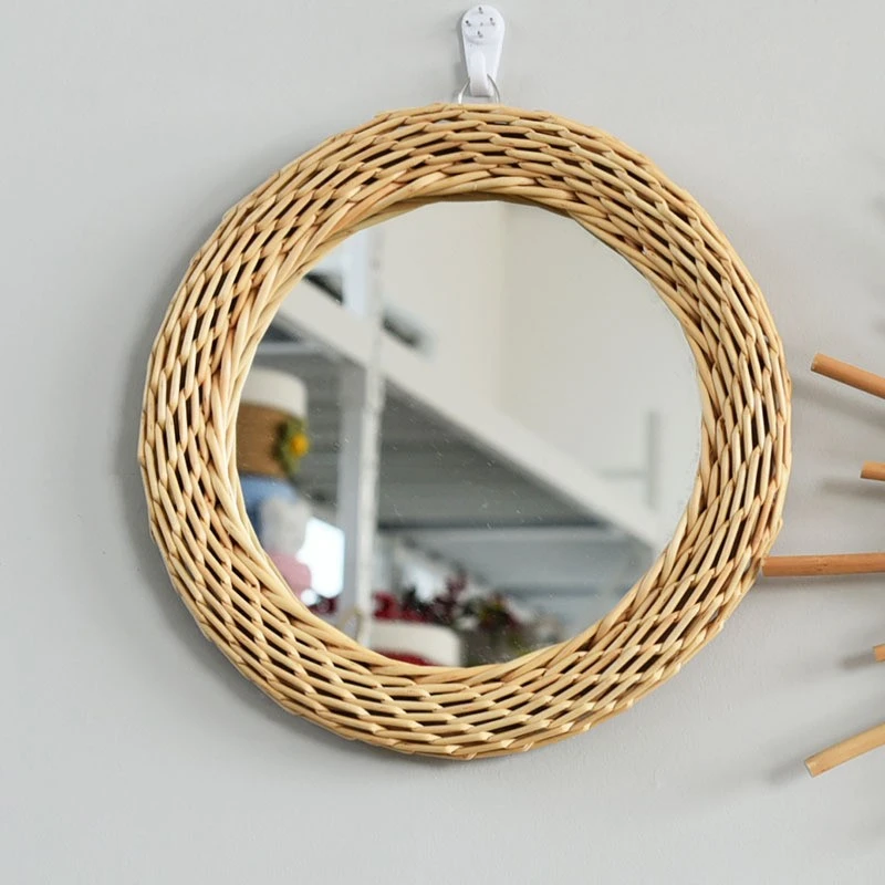 Hanging Wall Mirror Decorative Rattan Woven Mirror Bathroom Dressing Makeup Mirror