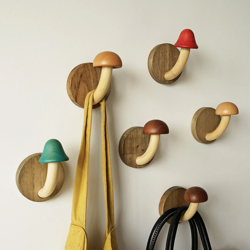 Creative Punch-free Wooden Mushroom Hat-and-coat Hook