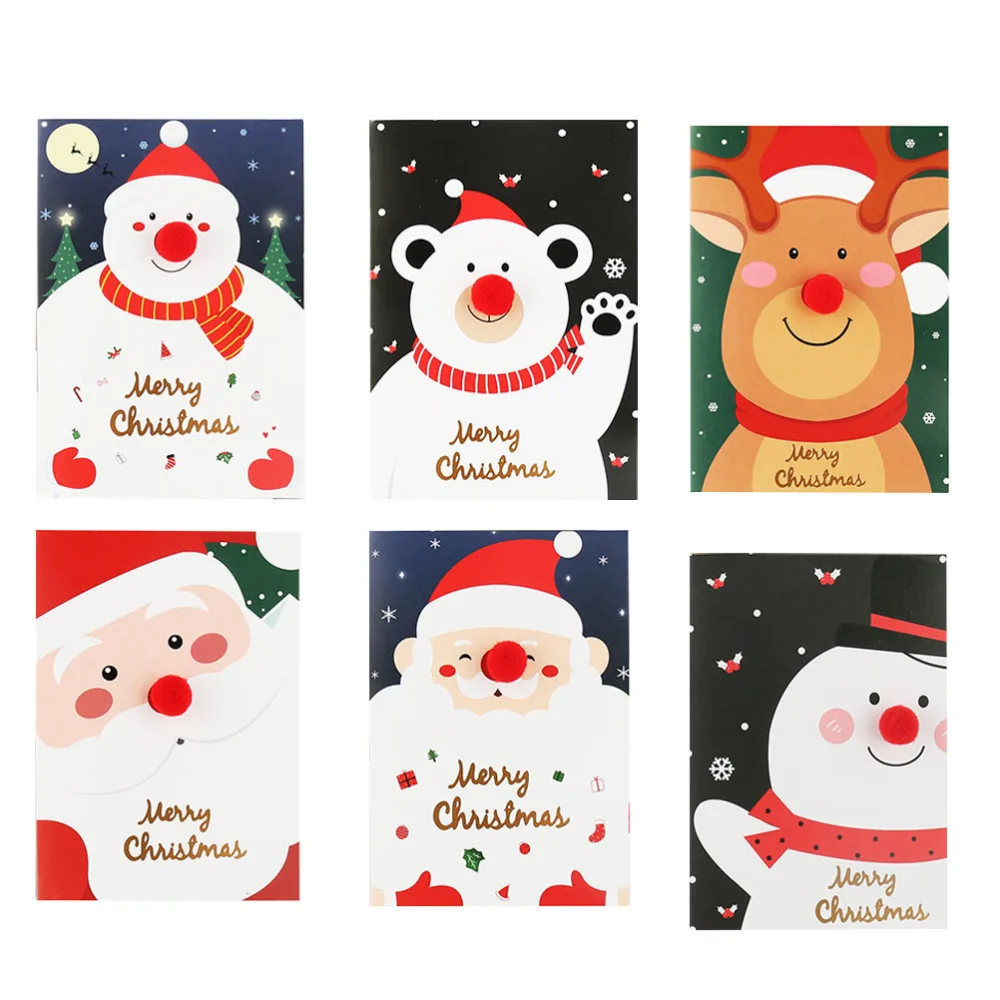 6pcs Christmas Greeting Cards 3D Red Nose Holiday Greeting Cards with Envelope