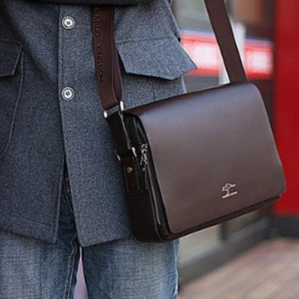 Men's Horizontal PU Shoulder Bag Messenger Bag - Size S (Black)