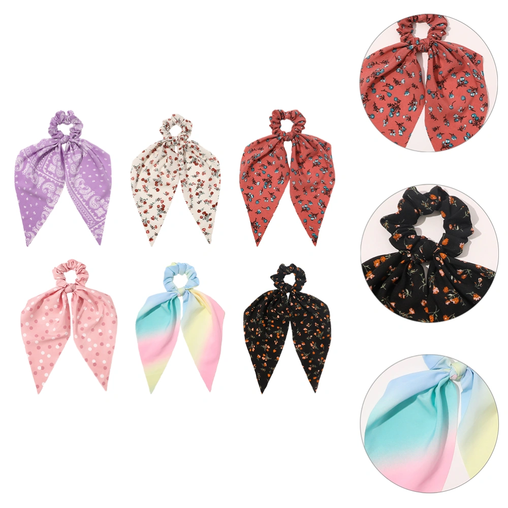 6pcs Vintage Floral Printed Hair Scrunchies Long Bow Knotted Hair Ribbon