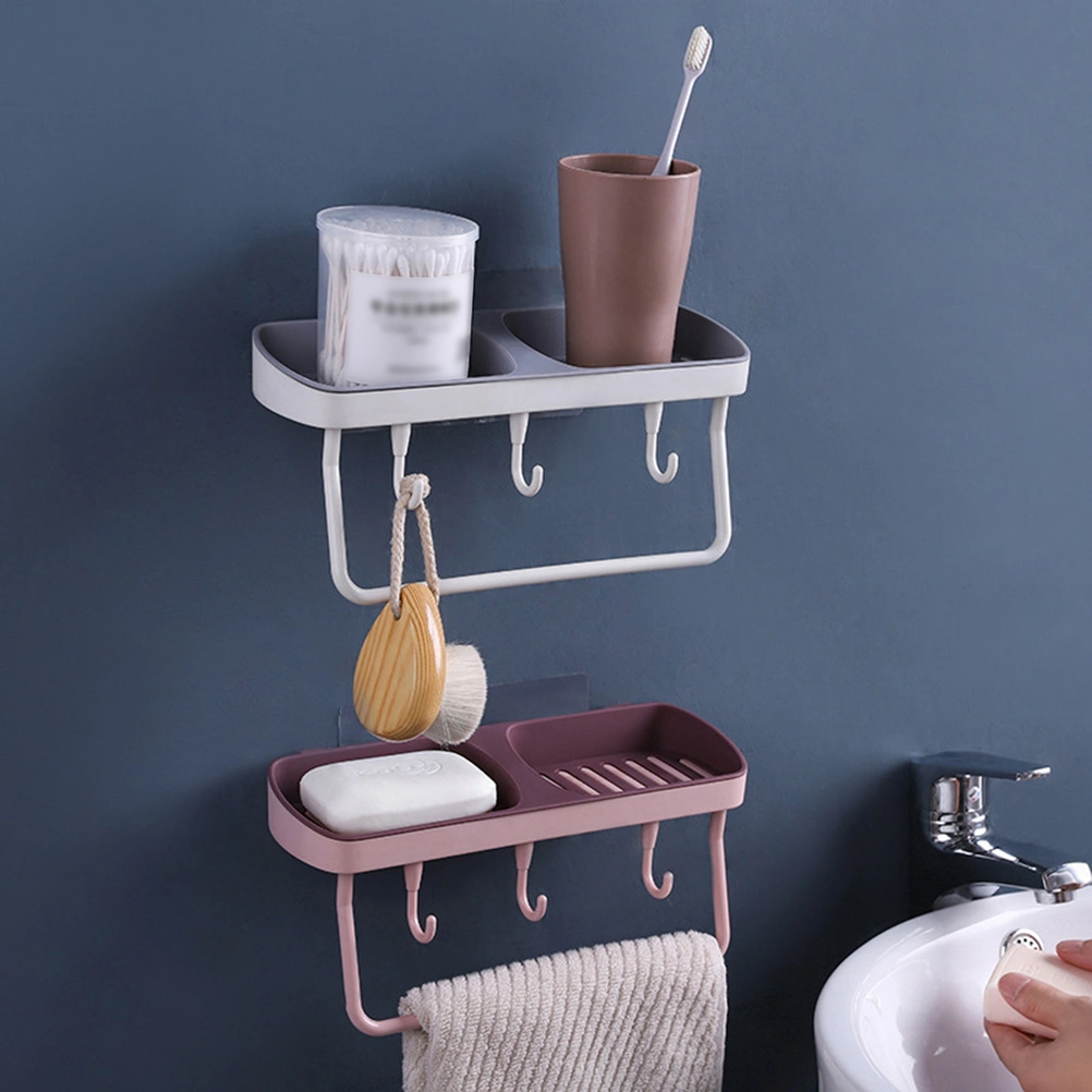 Creative Double Siamese Wall Mounted Soap Box Punch Free Drain Soap Rack Soap Holder with Hook for Home Bathroom (Grey)