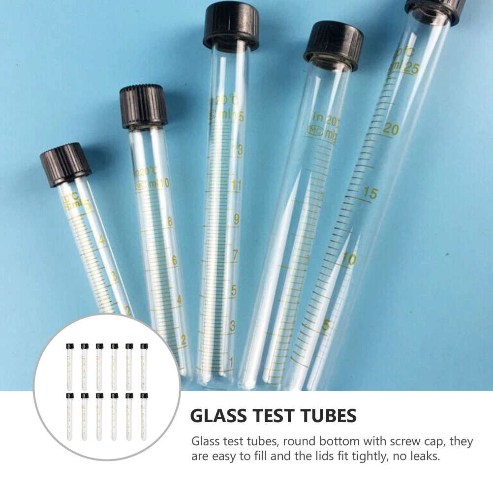 12pcs Glass Test Tube Transparent Serological Test Tubes with Black Screw Caps
