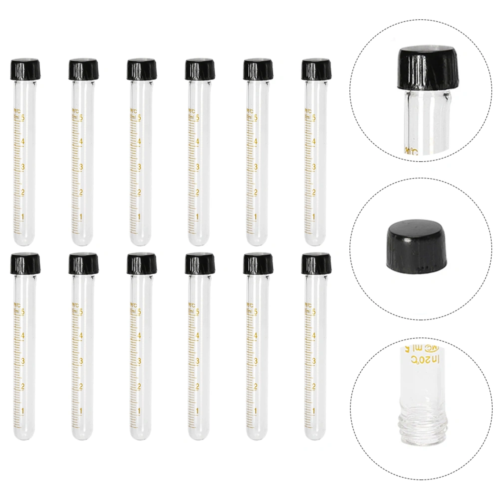 12pcs Glass Test Tube Transparent Serological Test Tubes with Black Screw Caps