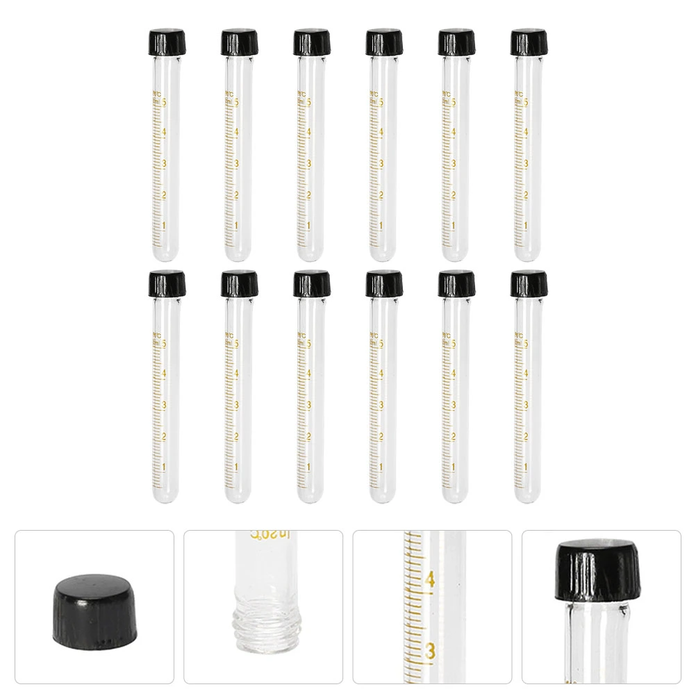 12pcs Glass Test Tube Transparent Serological Test Tubes with Black Screw Caps