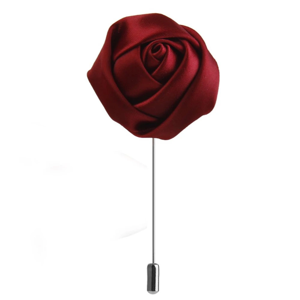 Men Handmade Rose Flower Boutonniere Lapel Tie Pin Brooch (Wine Red)