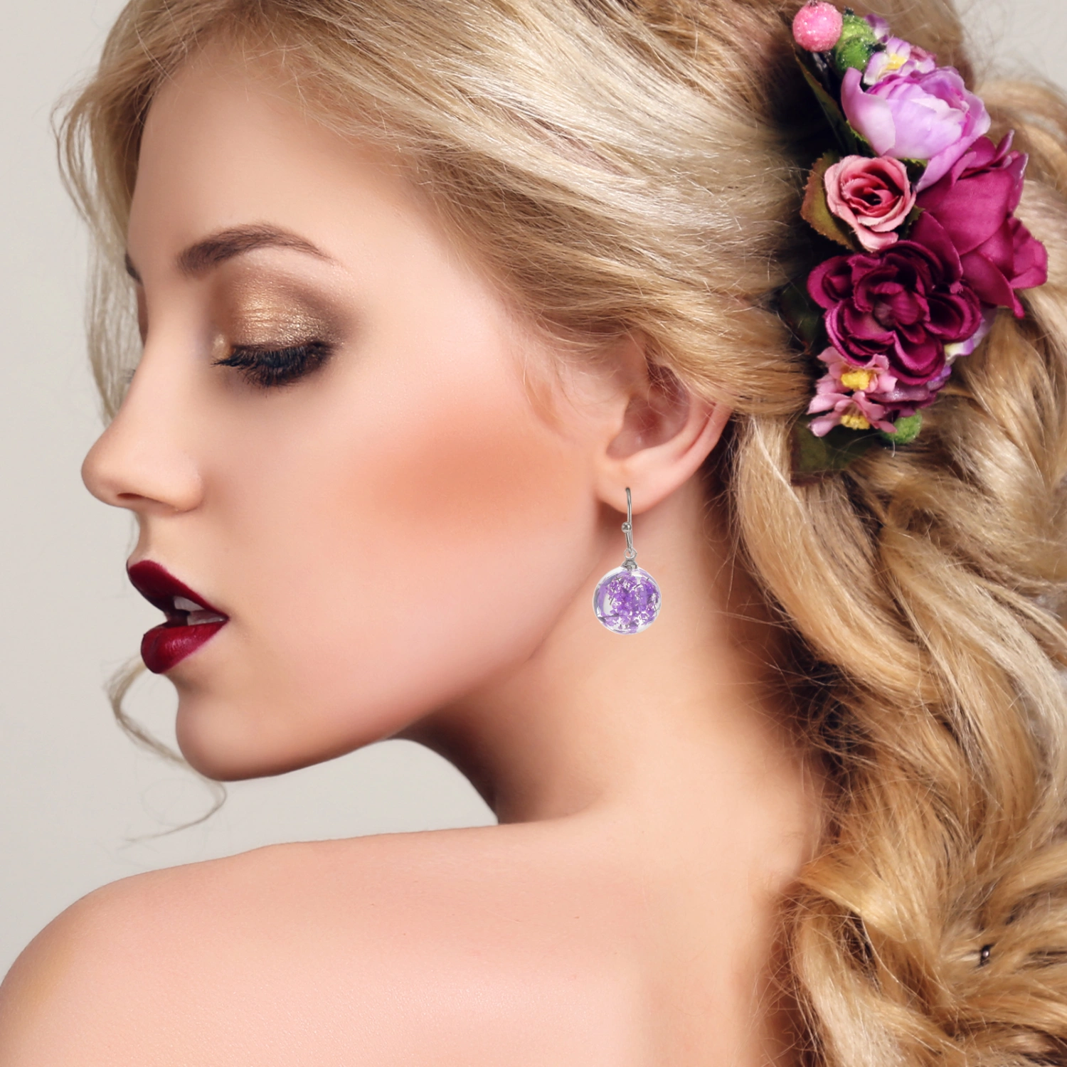 Dried Flower Earrings Natural Dried Flower Retro Glass Earrings Colorful Decorative Earrings for Woman (Purple)