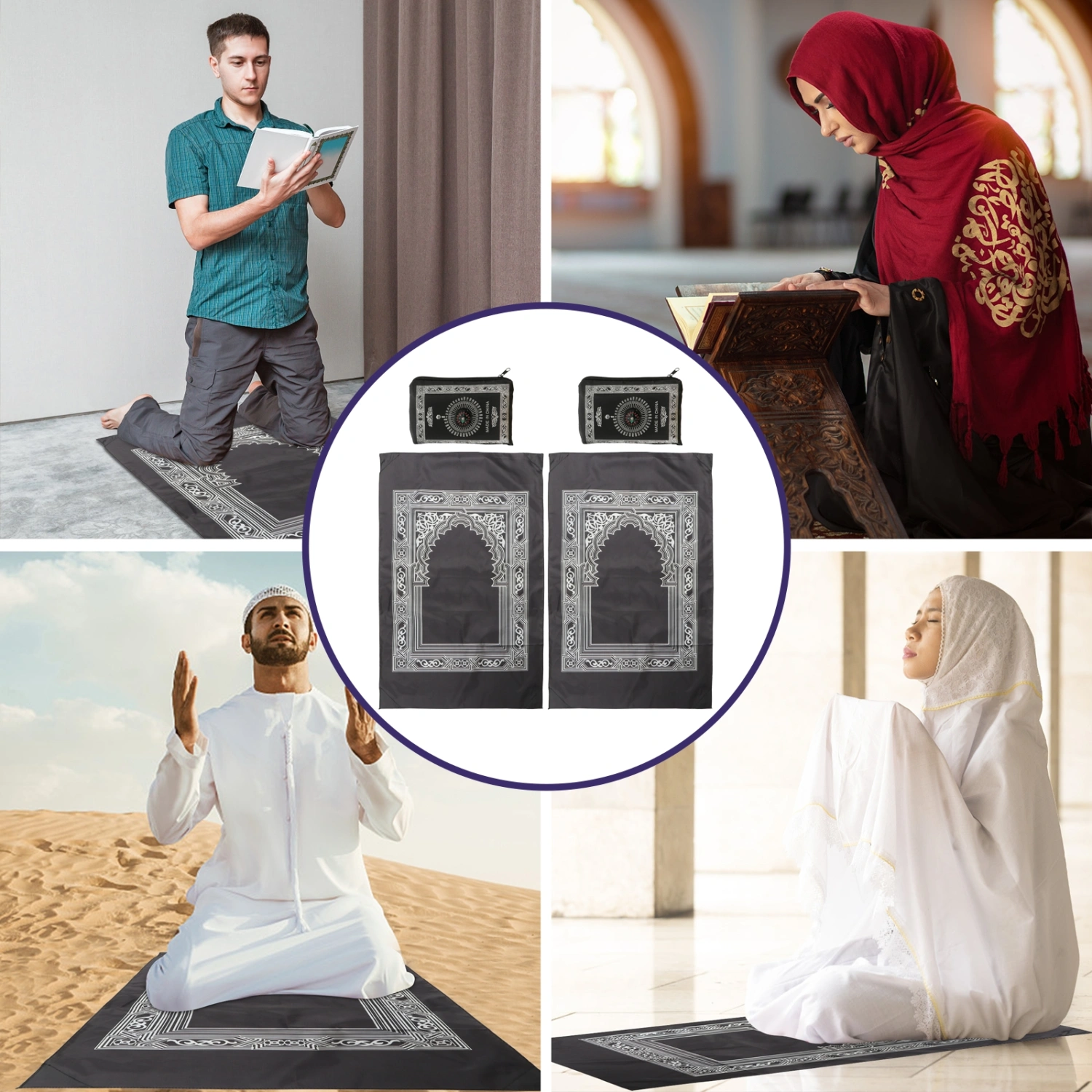 2Pcs Islamic Muslim Rug Travel Prayer Mat with Compass and Carrying Storage Bag