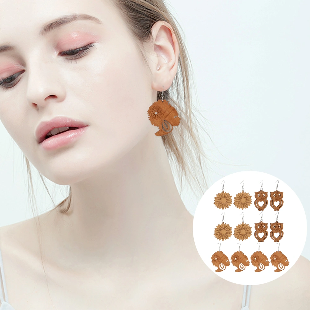 6 Pairs Wooden Hollow Design Earrings Unique Jewelry Ear Pendants for Women