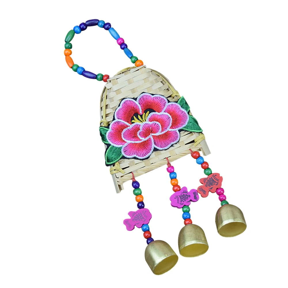 Ethnic Style Wind Chime Dustpan Peony Flower Wind Bell Hanging Bamboo Wind Chime Hand Embroidered Pendant