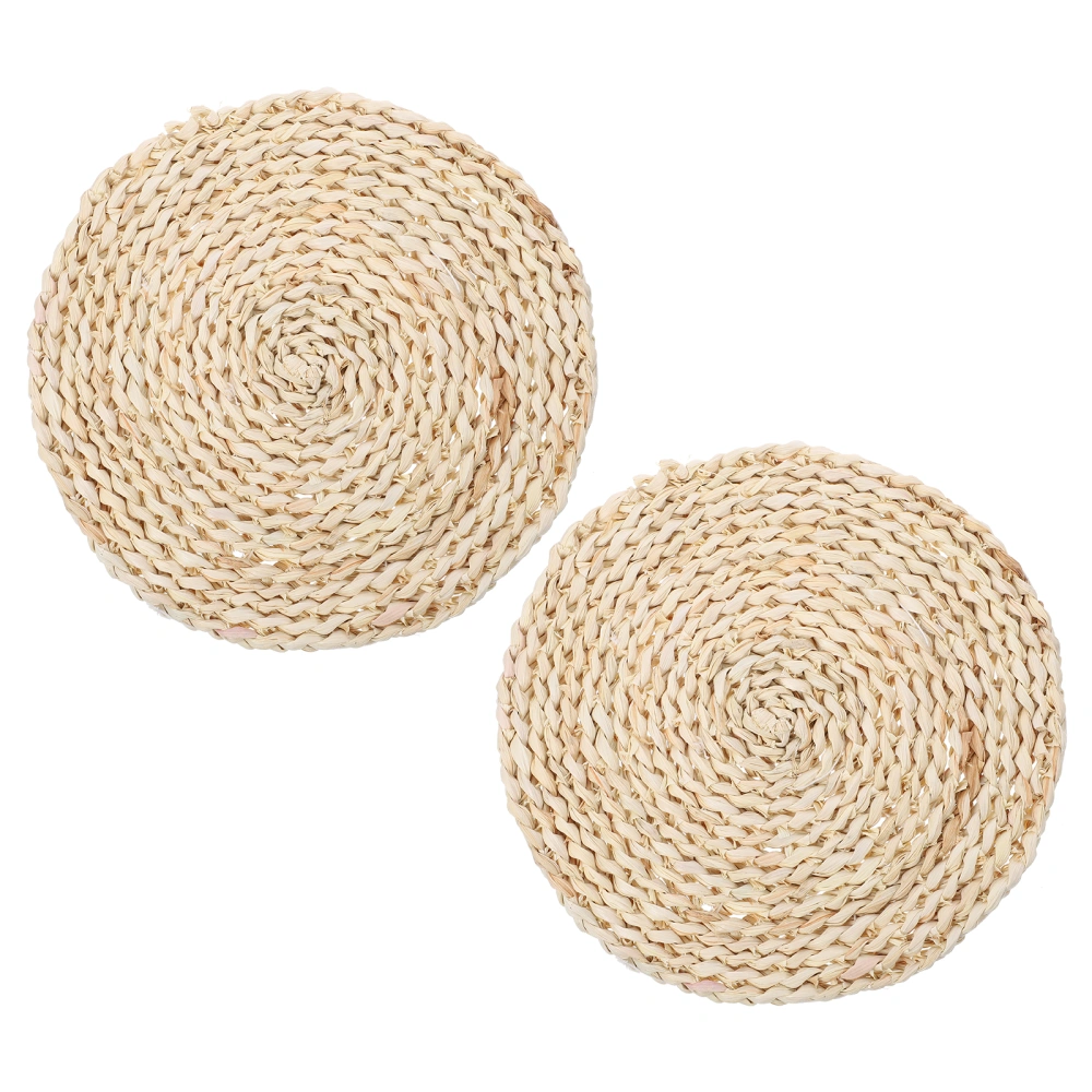 2PCS Round Woven Placemats Natural Handmade Braided Mats Heat Resistant Dining Table Mats Thickened Insulation Pad Coasters - 22cm