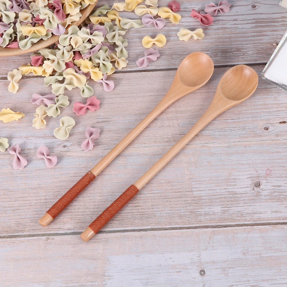 5pcs Wooden Spoons with Tied Thread Honey Stirring Spoon Round Long Handle Spoons Tableware (Natural Color, Brown Thread)