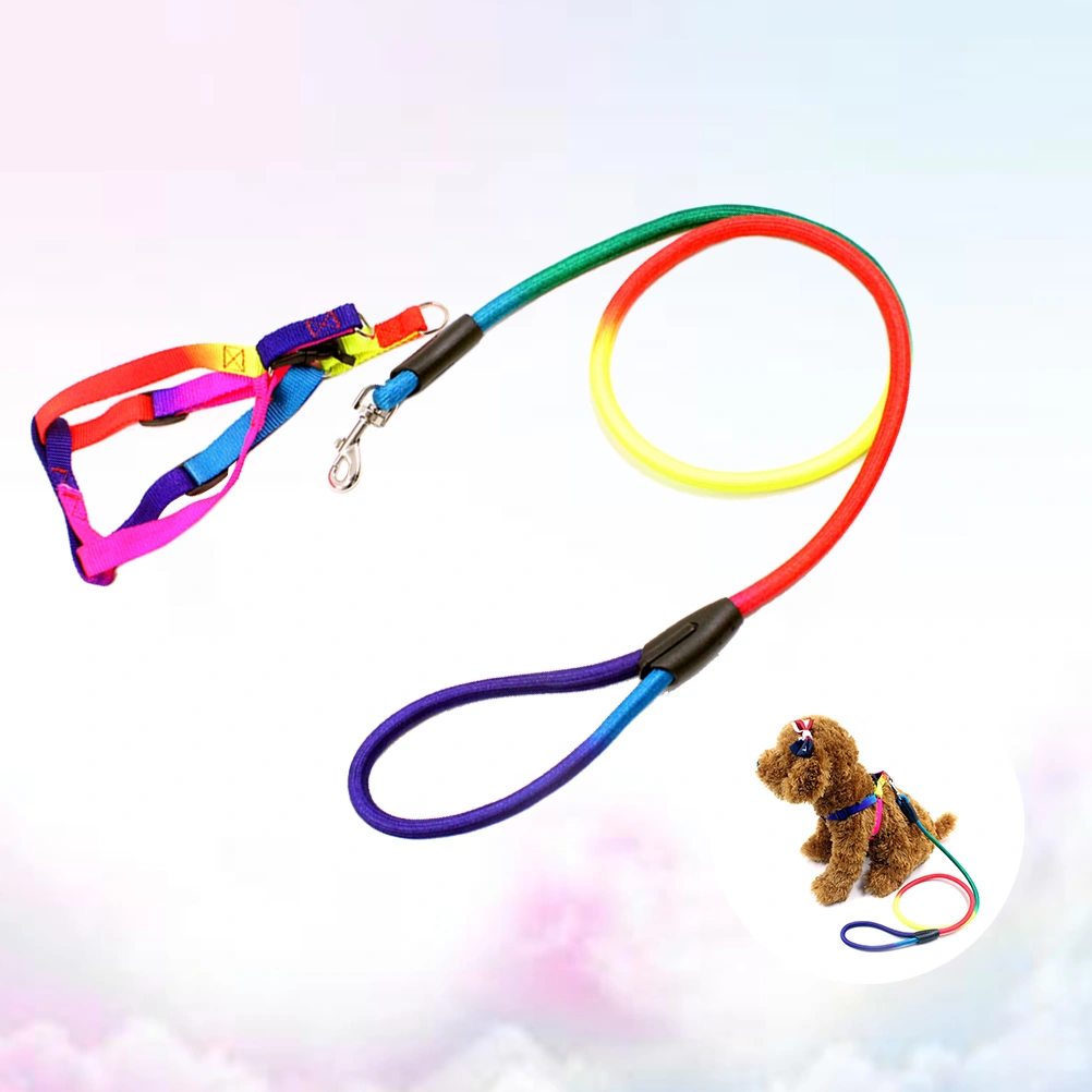 Rainbow Color Dogs Collars Leads Puppy Harness Leashes Chest Straps Pet Traction Ropes Dog Supplies - Size L