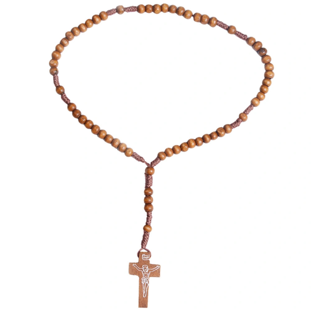 Unisex Wooden Pendant Necklace Cross Rosary Beads Chain (Light Coffee)