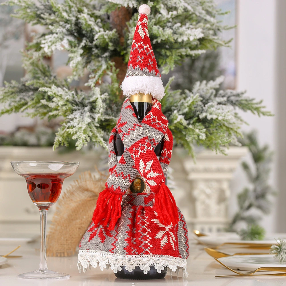 Merry Christmas Wine Bottle Bag Cover Xmas Festival Party Table Decor Knitted Scarf with Hood Skirt Bottle Set (Red-grey)