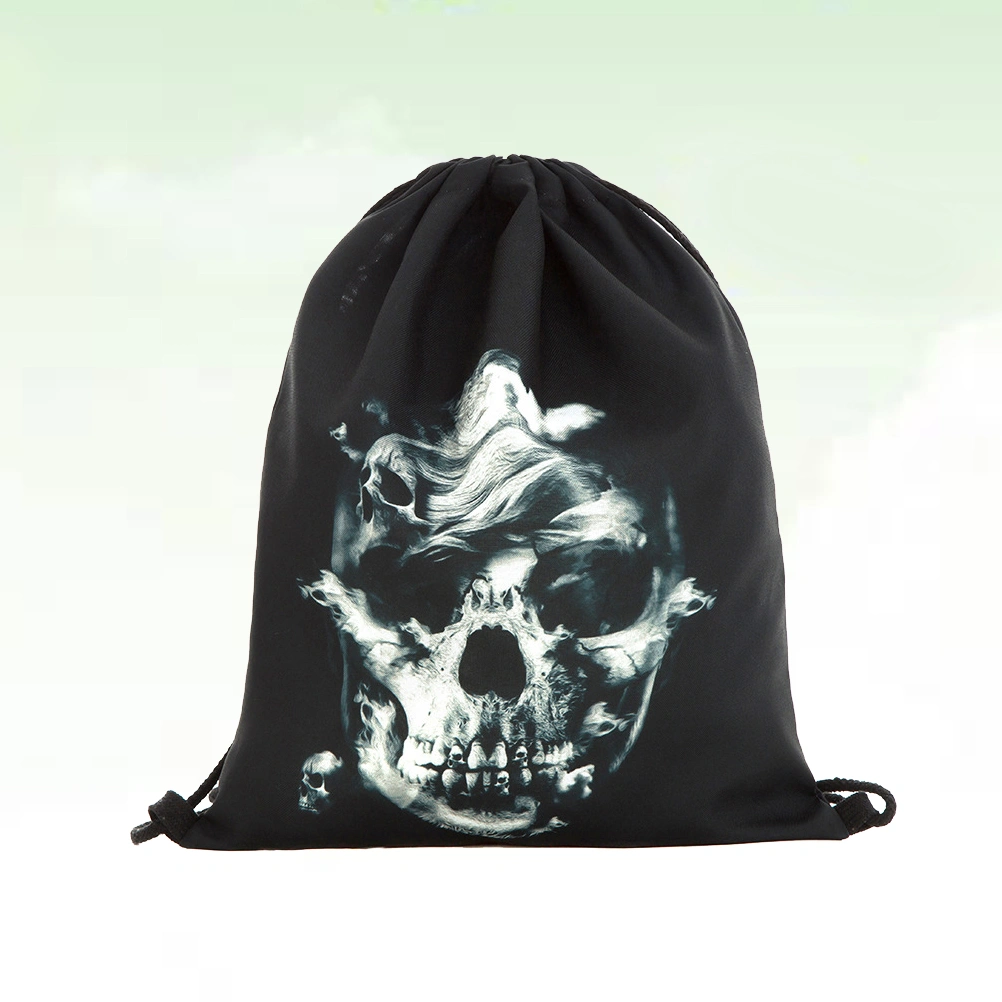 1pc 3D Skull Printed Drawstring Bag Polyester Shoulder Backpack for Halloween