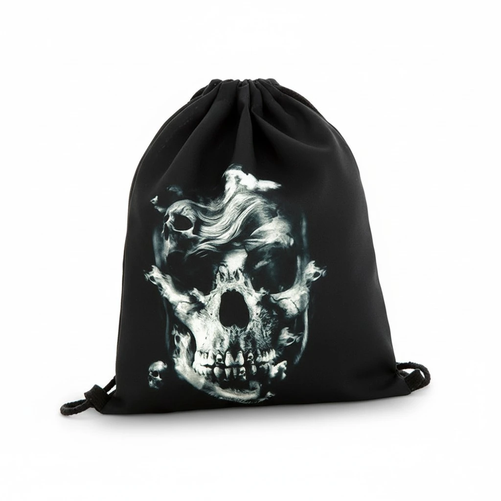 1pc 3D Skull Printed Drawstring Bag Polyester Shoulder Backpack for Halloween