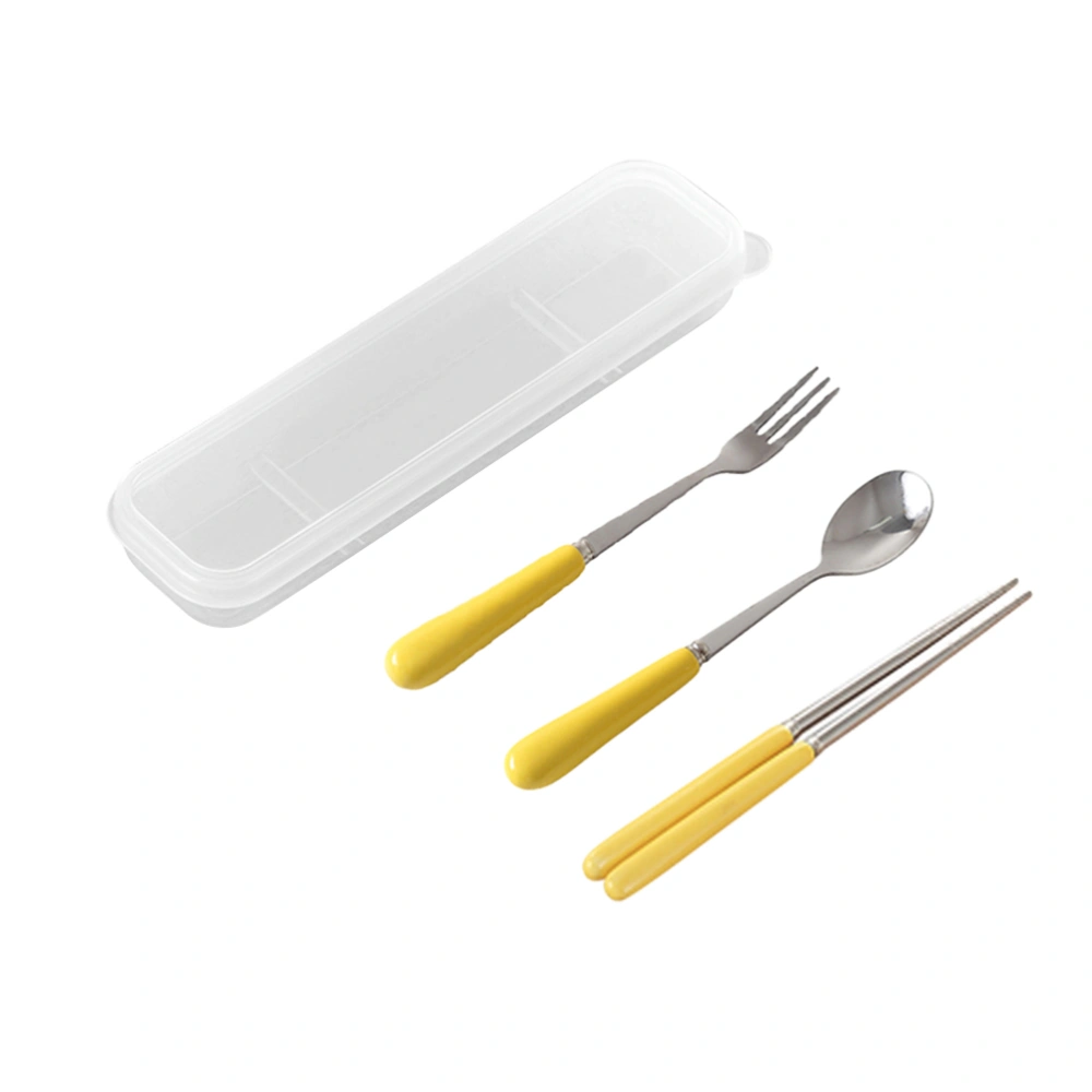 Stainless Steel Chopsticks Spoon Fork Cutlery Set Ceramic Handle Portable Tableware with Case for Travel Home Camping (Yellow)