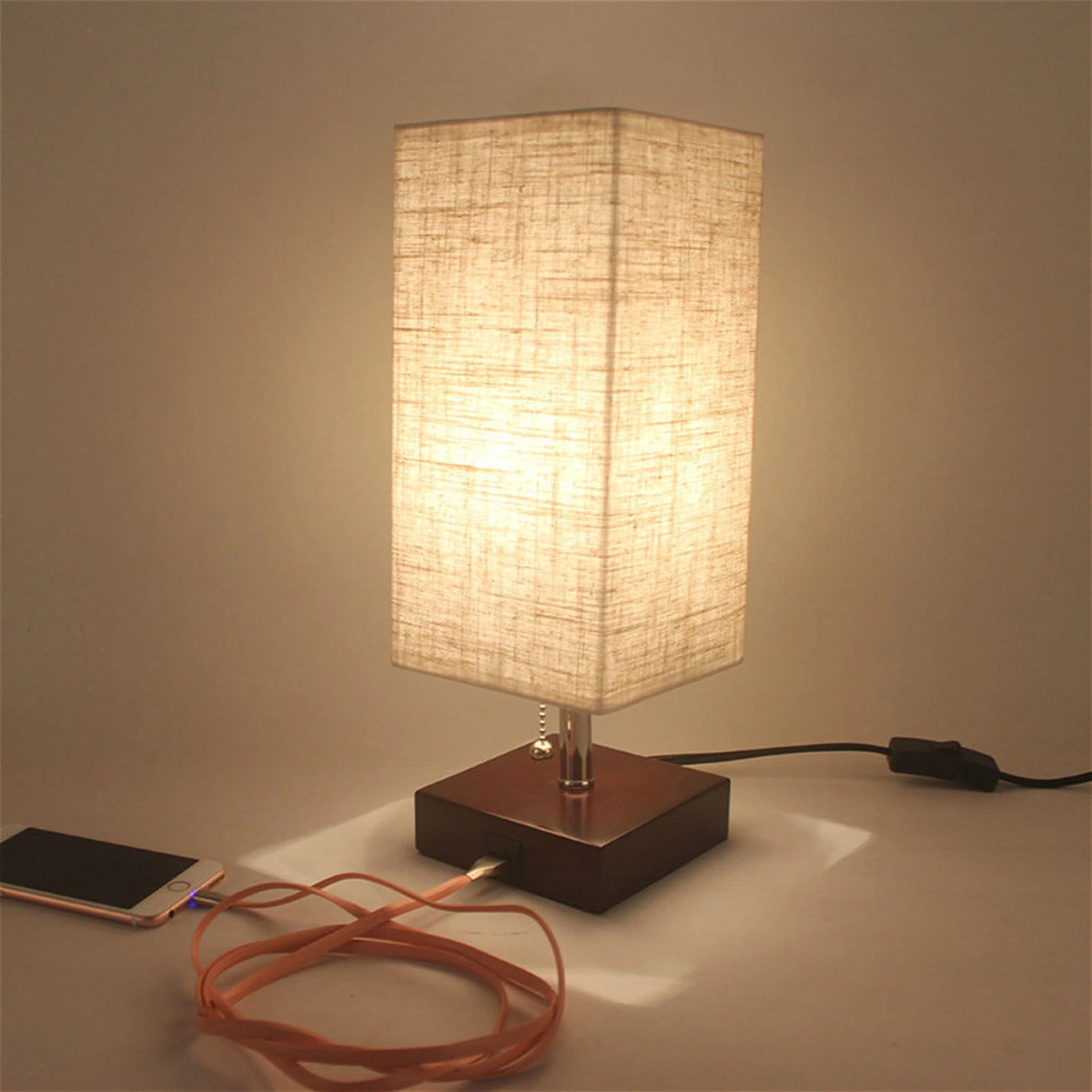 Square Fabric Shade Bedside Night Light with USB Charging Port Minimalist LED Table Lamp for Bedroom Living Room Cafe with EU Plug