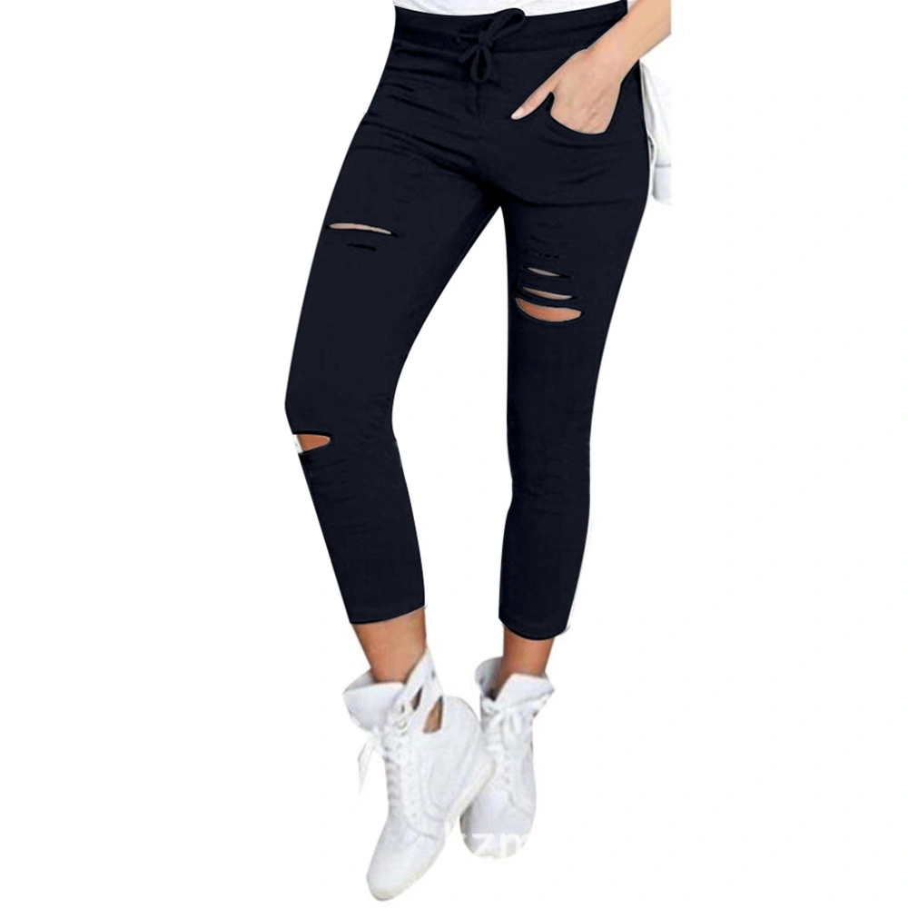 Women Skinny Ripped Pants Leggings High Waist Stretch Slim Pencil Cropped Ninth Trousers - Size M(Dark Blue)