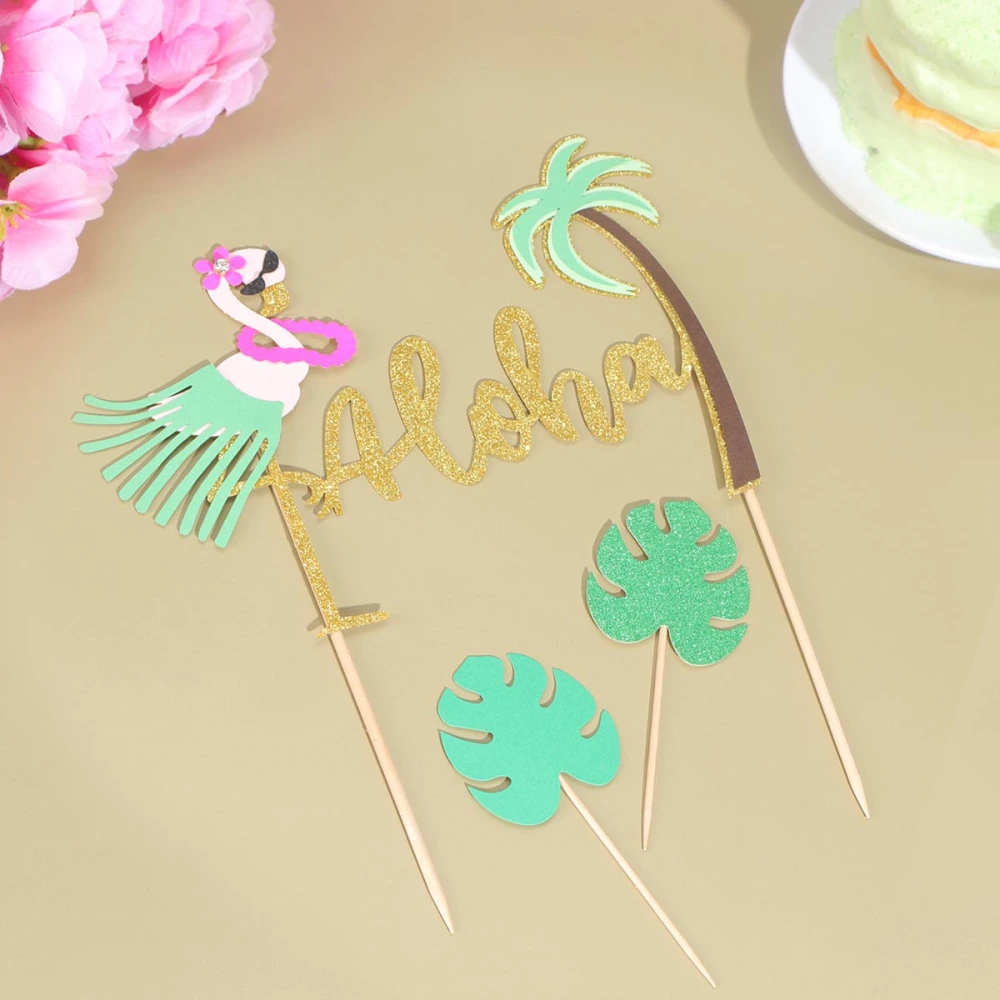 21pcs Summer Cake Toppers Flamingo Cake Picks Coconut Tree Design Fruit Picks Glitter Paper Decoration Hawaiian Theme Party Dessert Insert Favor(1pc Flamingo, 10pcs Monstera and 10pcs Glitter Monstera)