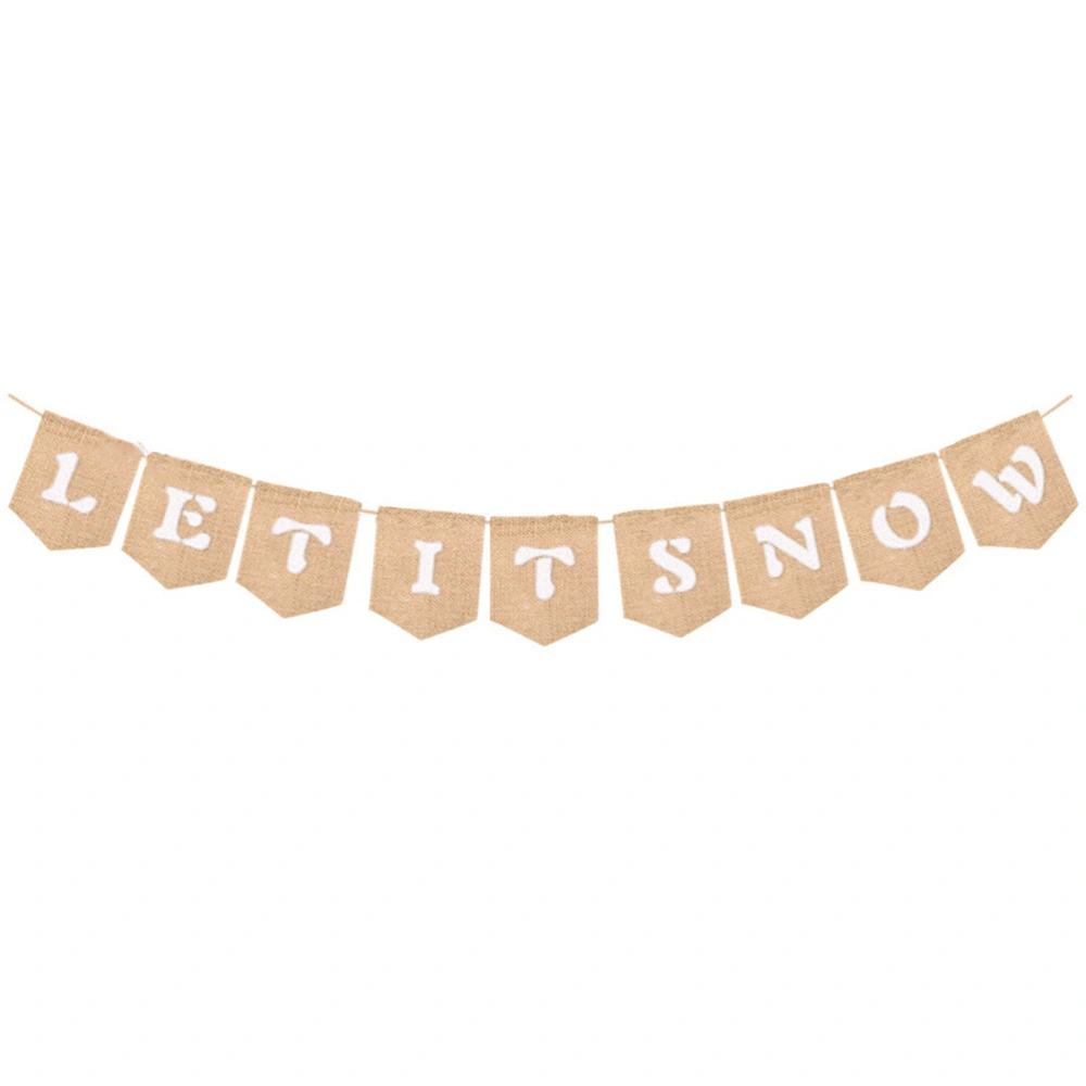 Let It Snow Letters Bunting Banner Decoration Snowflakes Pattern Linen Burlap Banner Flag Party Supplies - C