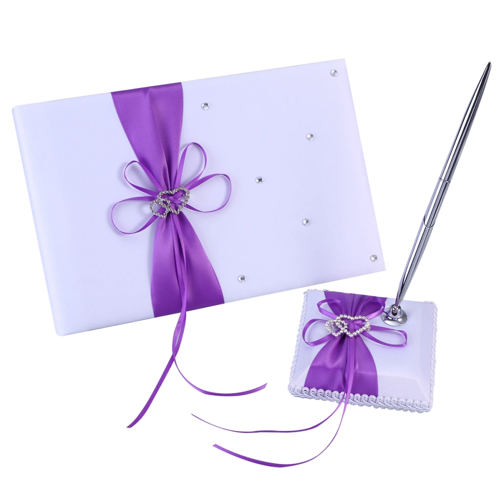 Weddings Decor Guest Attendance Book with Pen and Pen Stand Sets Satin Bows Signature Book for Party Decorations (Purple)