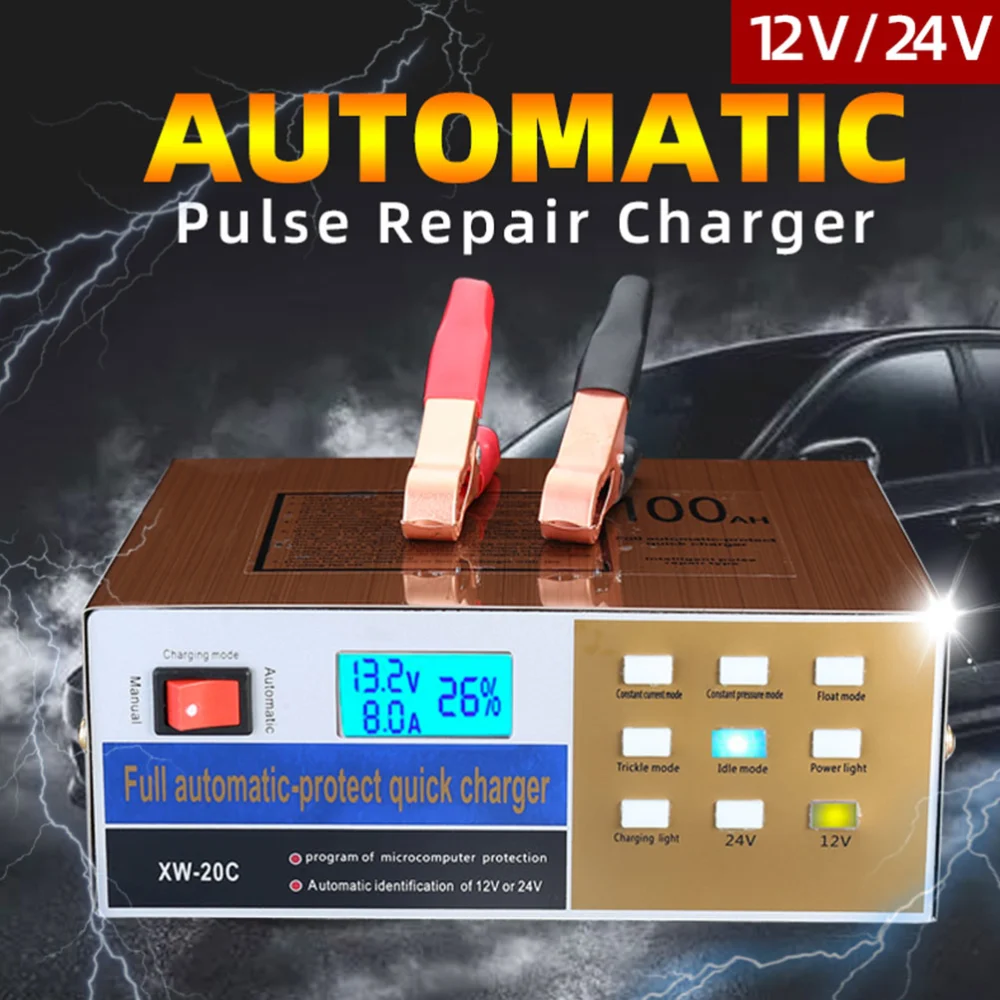 12V 24V Automatic Battery Charger Storage Battery Recharger Smart Battery Charge Portable Power Charger for Motocycle Motorbike Car Auto (EU Plug)