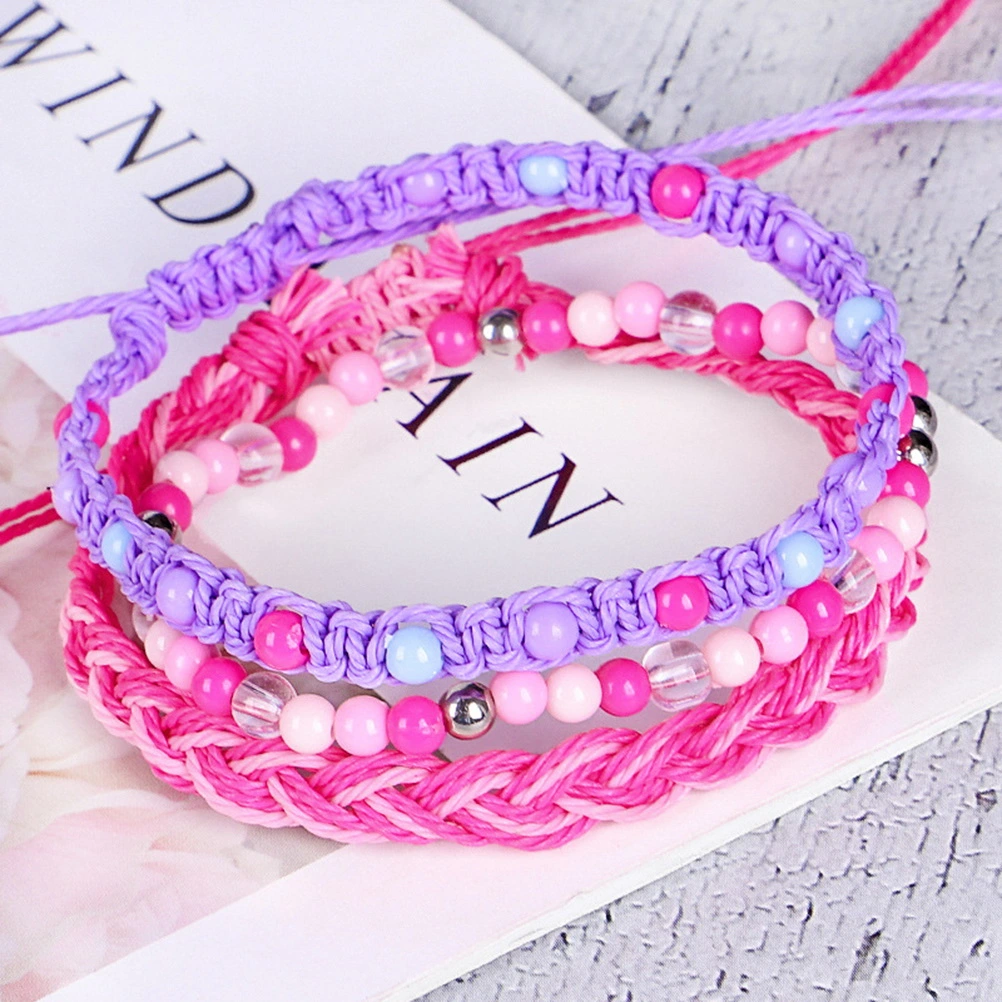3Pcs Bohemia Style Handmade Braid Bangles Bracelets Wrap Jewelry Beautiful Charm Bracelets (Pink)