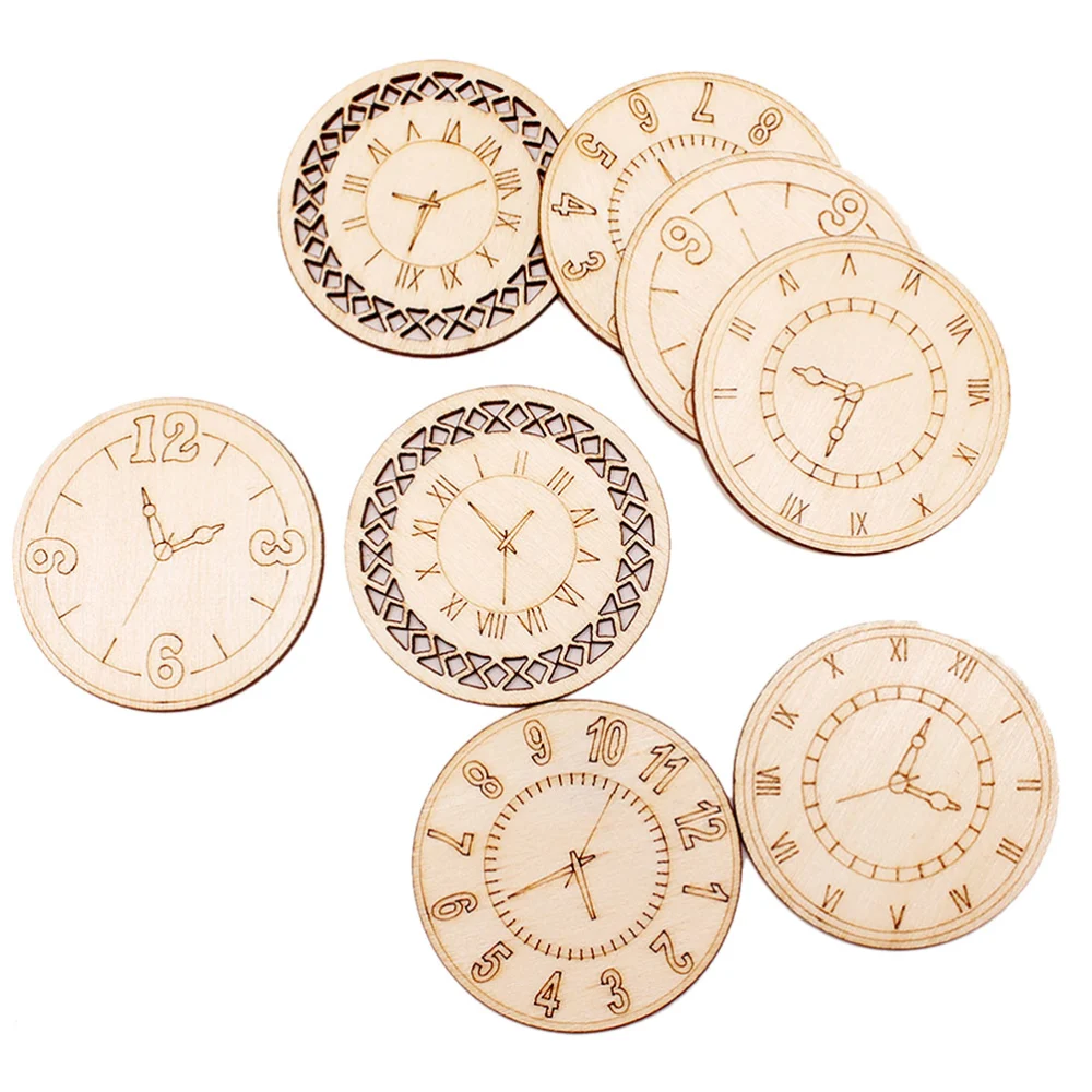 8 Pcs 45mm Wood Decors Round Clock Pattern Decorative Vintage Wooden Sticker Crafts Adornment for DIY Crafting Scrapbooking Sewing Projects (Random Pattern)