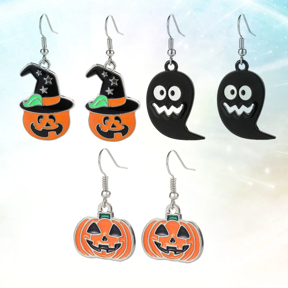 3 Pairs in 1 Set Halloween Ghost Pumpkin Earrings Alloy Dangle Earring Festive Costume Ear Decor for Women Girls (Assorted Color)