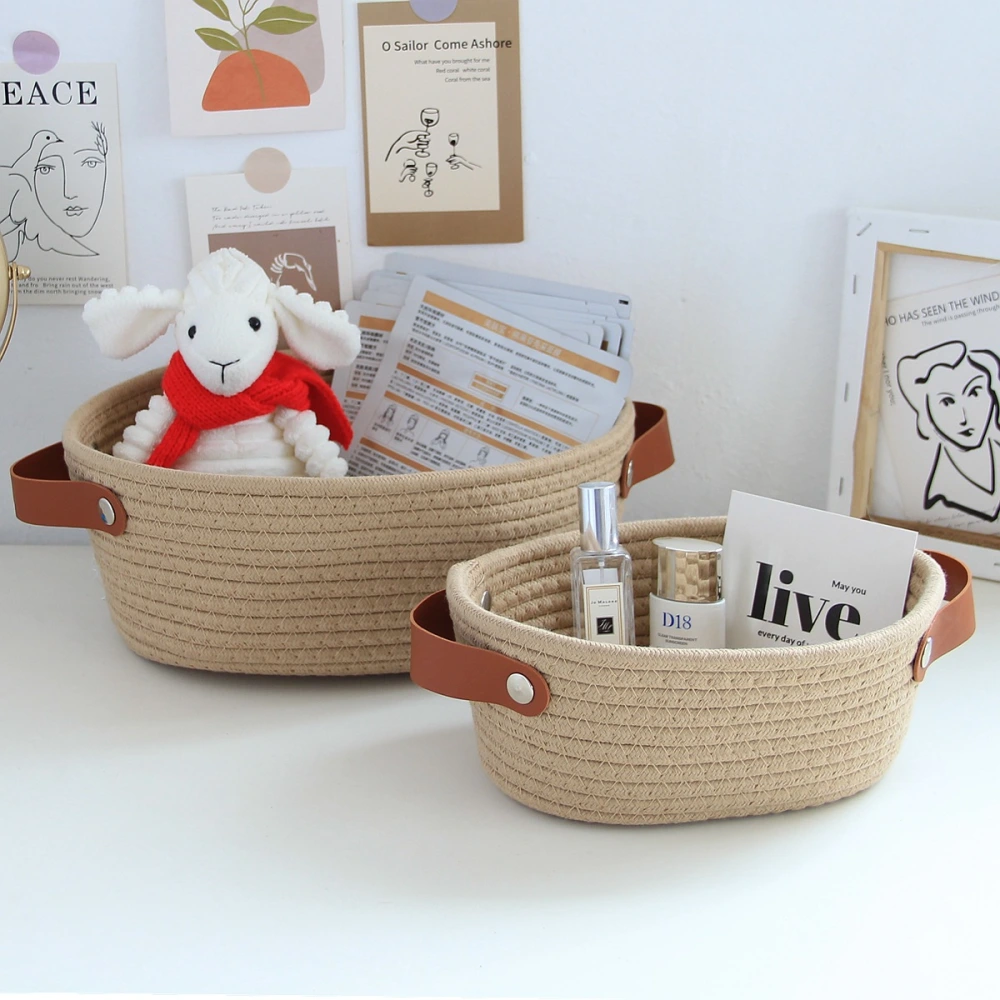 2pcs Cotton Rope Woven Storage Basket Desktop Storage Holder Home Storage Organizer with Handles