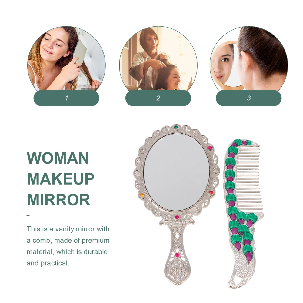 1 Set Vintage Makeup Alloy Mirror with Comb Portable Handheld Vanity Mirror