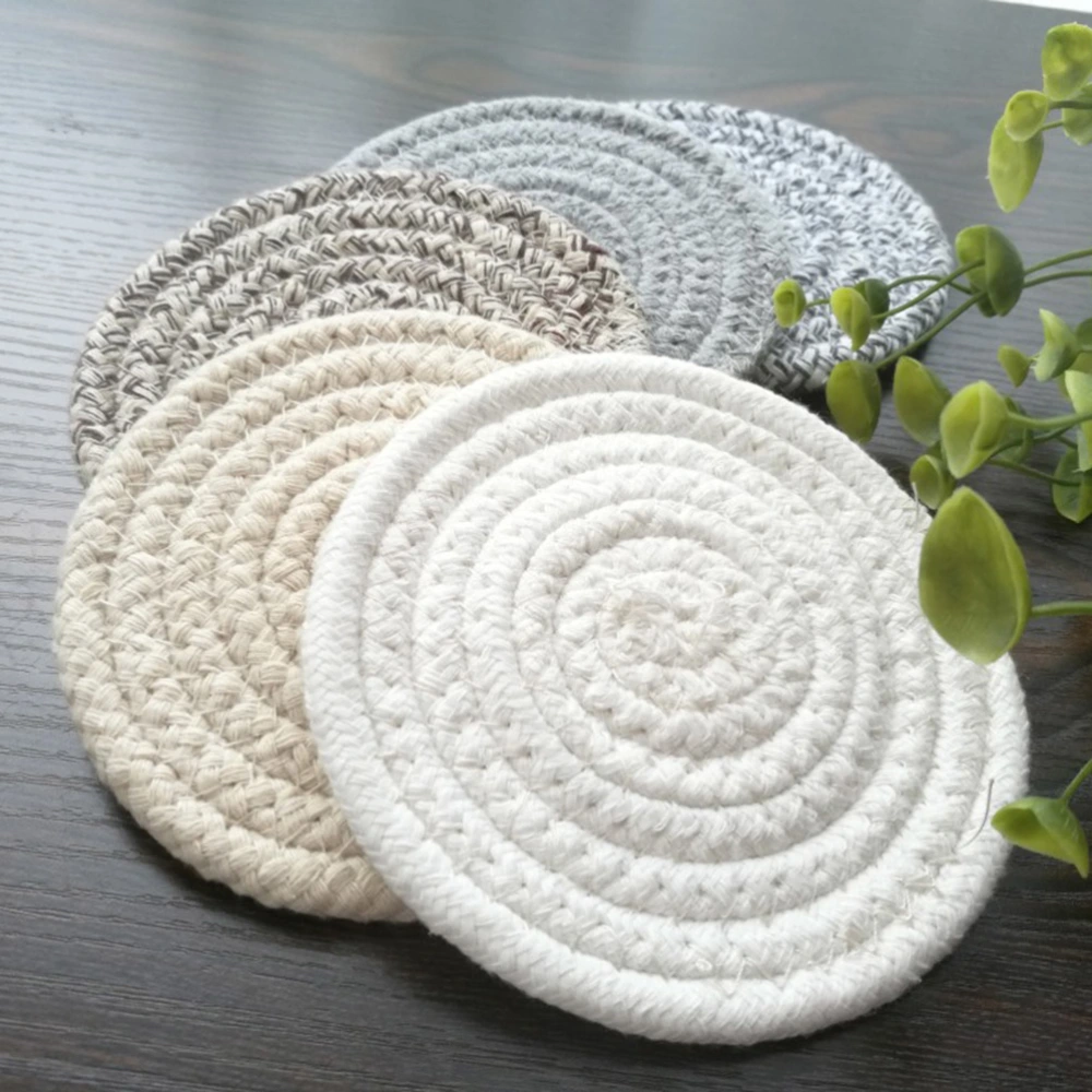 4PCS Round Braided Woven Placemats Cotton Heat Resistant Non-Slip Cup Bowl Coasters Pot Pads Kitchen Table Mats (Grey) - Small Size